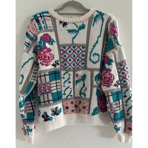 Vintage Hand Knit Sweater Women Large Cotton Floral Cottagecore Chunky Thick 80s